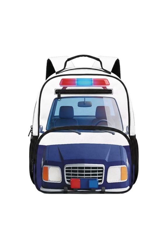 Blue Police Car School Backpack for Elementary Little Kids, Large Capacity Lightweight Daypack with Side Pocket, Adjustable Straps for Camping Hiking