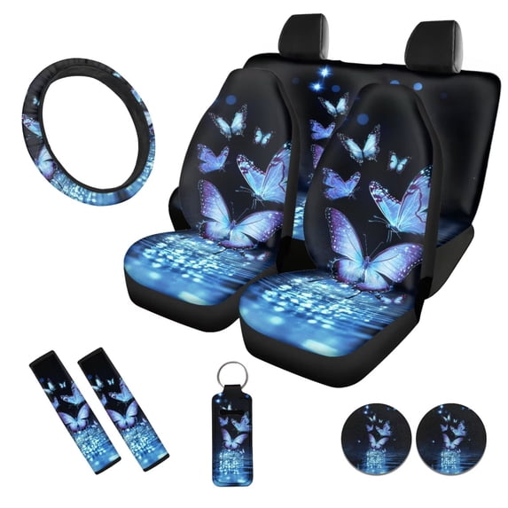 Uorisanigo Blue Purple Butterfly 10 Pieces Auto Seat Cover Car Steering Wheel Accessories Seat Belt Pads Auto Water Cup Pad Keychains Soft Easy to Install and Clean Auto Interior for Car SUV