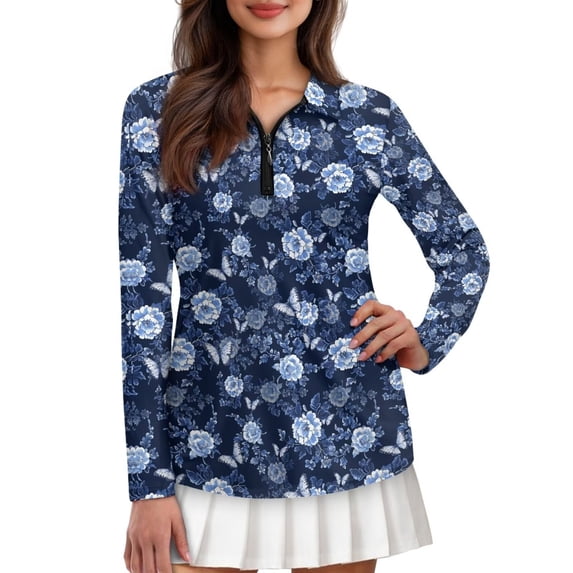 Uorisanigo Blue Rose Womens Long Sleeve Golf Shirt Soft Comfortable Butterfly Moisture Wicking Casual Tennis Activewear Washable Tennis Tops for Workout Sports