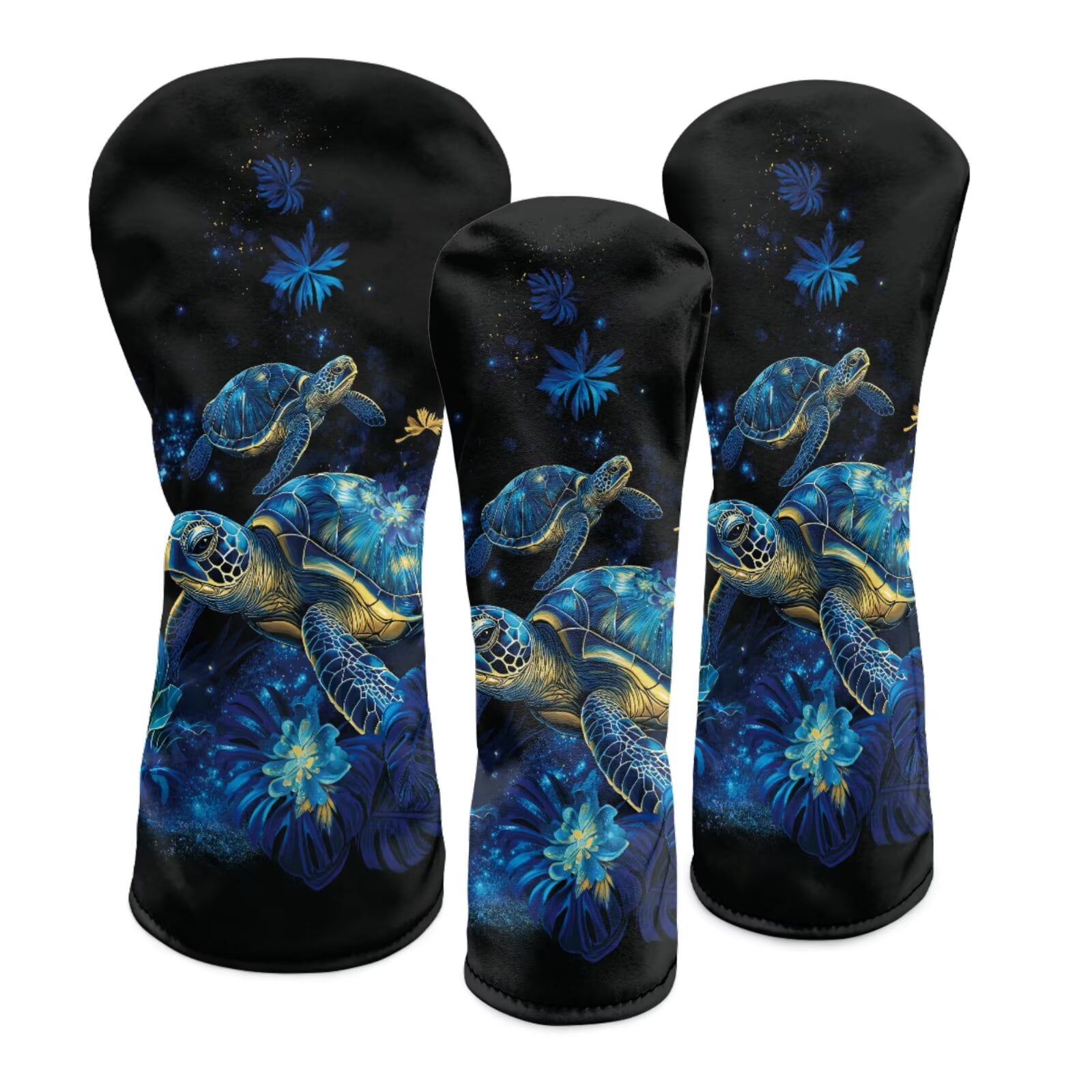 Uorisanigo Blue Turtle Golf Club Head Covers 3-Pack PU Leather Golf Club Headcover Set for Driver Fairway Wood Hybrids, Soft Lined Interior, Double-Layer Elastic Band, Wrinkle-Resistant