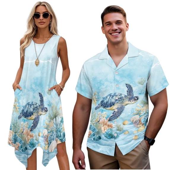Uorisanigo Blue Turtle Matching Couple Outfits Husban and Wife Clothing Men's Short Sleeve Shirt Size L Soft Beach Shirts and Women's Tank Dress Irregular Hawaiian Sundress