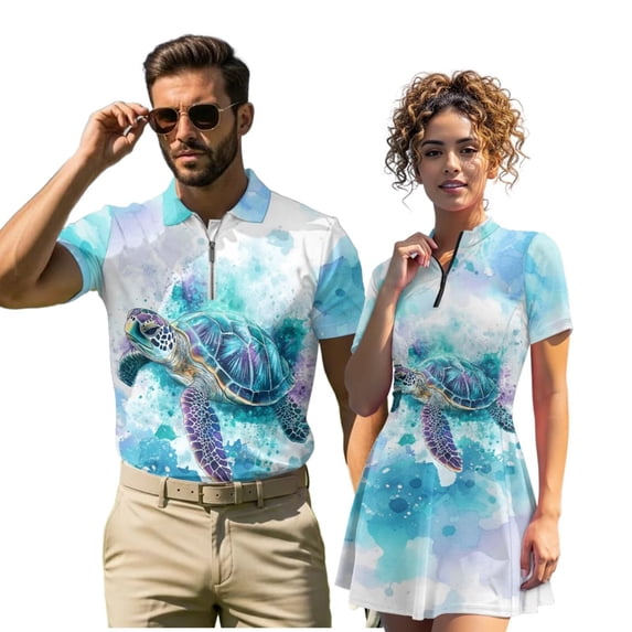 Uorisanigo Blue Turtle Matching Couple Summer Golf Outfit Size S Men 1/4 Zip Quick-Dry Short Sleeve Athletic, Women Sleeveless Golf Dress with Built in Pockets Shorts for Tennis