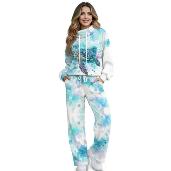 Uorisanigo Blue Turtle Mock Neck Sweatshirt with Wide Leg Sweatpants Matching Set Lounge Sets for Women Tracksuit 2 Piece Fall Outfits Drawstring Activewear Oversized Jogging Suit