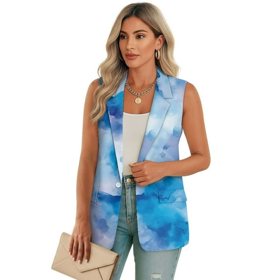 Uorisanigo Blue Watercolor Print Women's Vest Tops Loose Sleeveless Women's Suit Vest with Pockets Lightweight Open Front Vests Blazer Elegant Outerwear Size 3XL