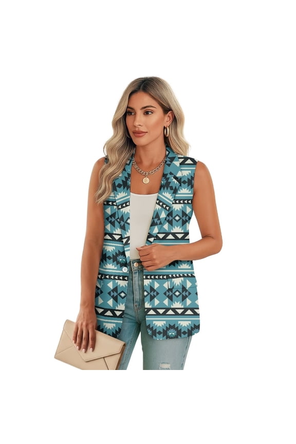 Blue Western Aztec Women's Jacket Vest Loose Women's Sleeveless Vest Jacket Size M Button Down with Pockets Blazers Suit Vests Top Casual