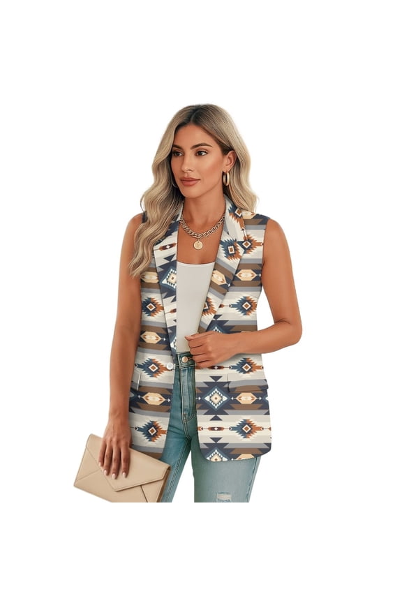 Blue Western Aztec Womens Vest with Pockets Sleeveless Womens Waistcoat Vest Lightweight Button Down Vests Blazer Fashion Size 2XL