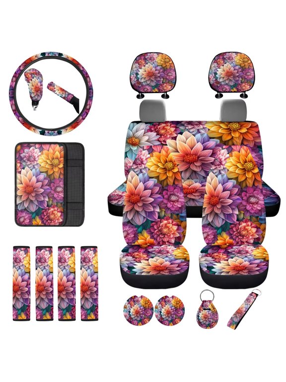 Bohemian Flower 18 Pack Auto Seat Protector Cover+Seatbelt Shoulder Pad+Armrest Cushion+Steering Cover+Gear Shift & Handbrake Covers+Headrest+Coaster+Key Chains for Women Men