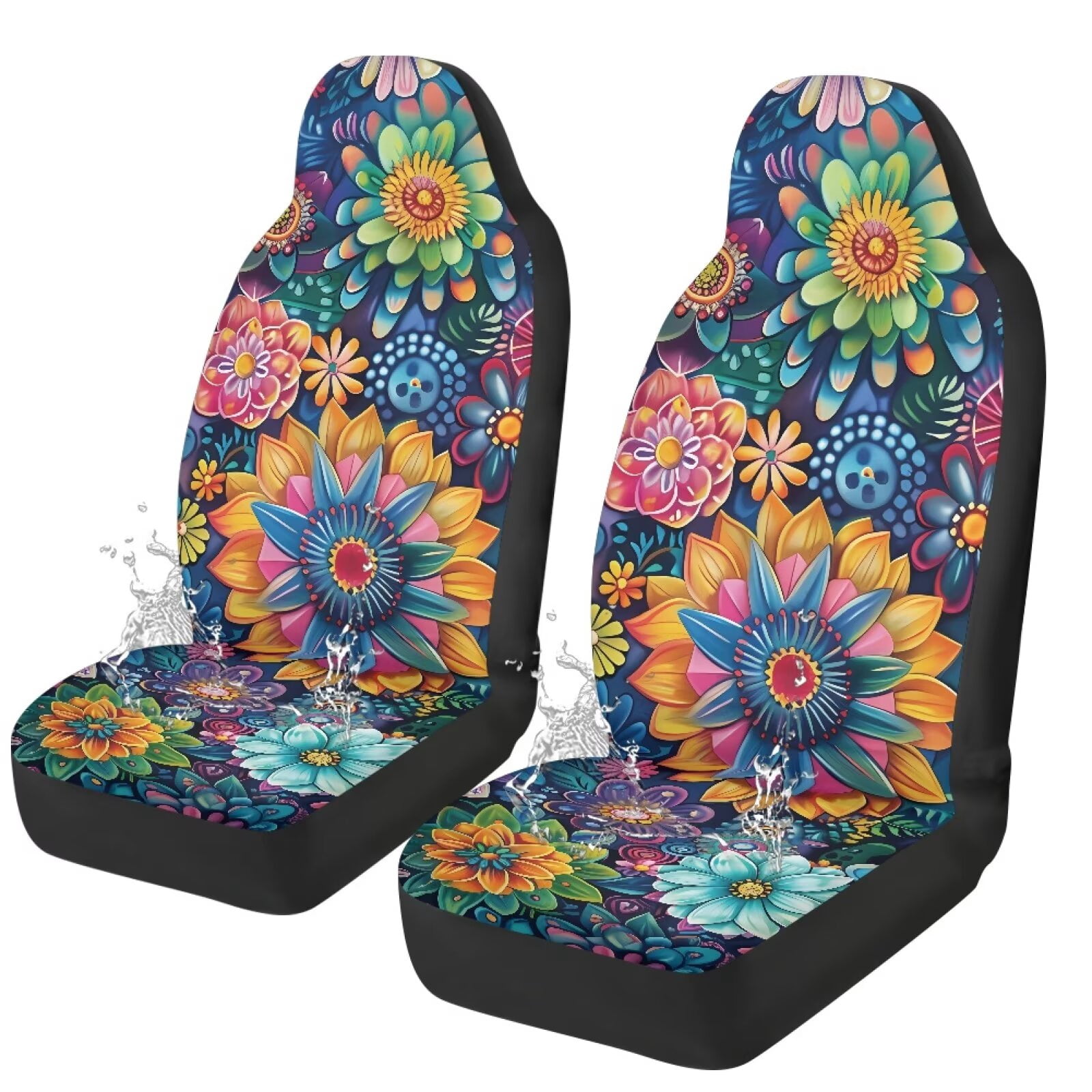 Uorisanigo Boho Floral Car Seat Covers for Women Waterproof Front Seat Covers Auto Interior Accessories 2 Pcs Set Easy to Install Universal Fit Most Cars,SUV, Trucks