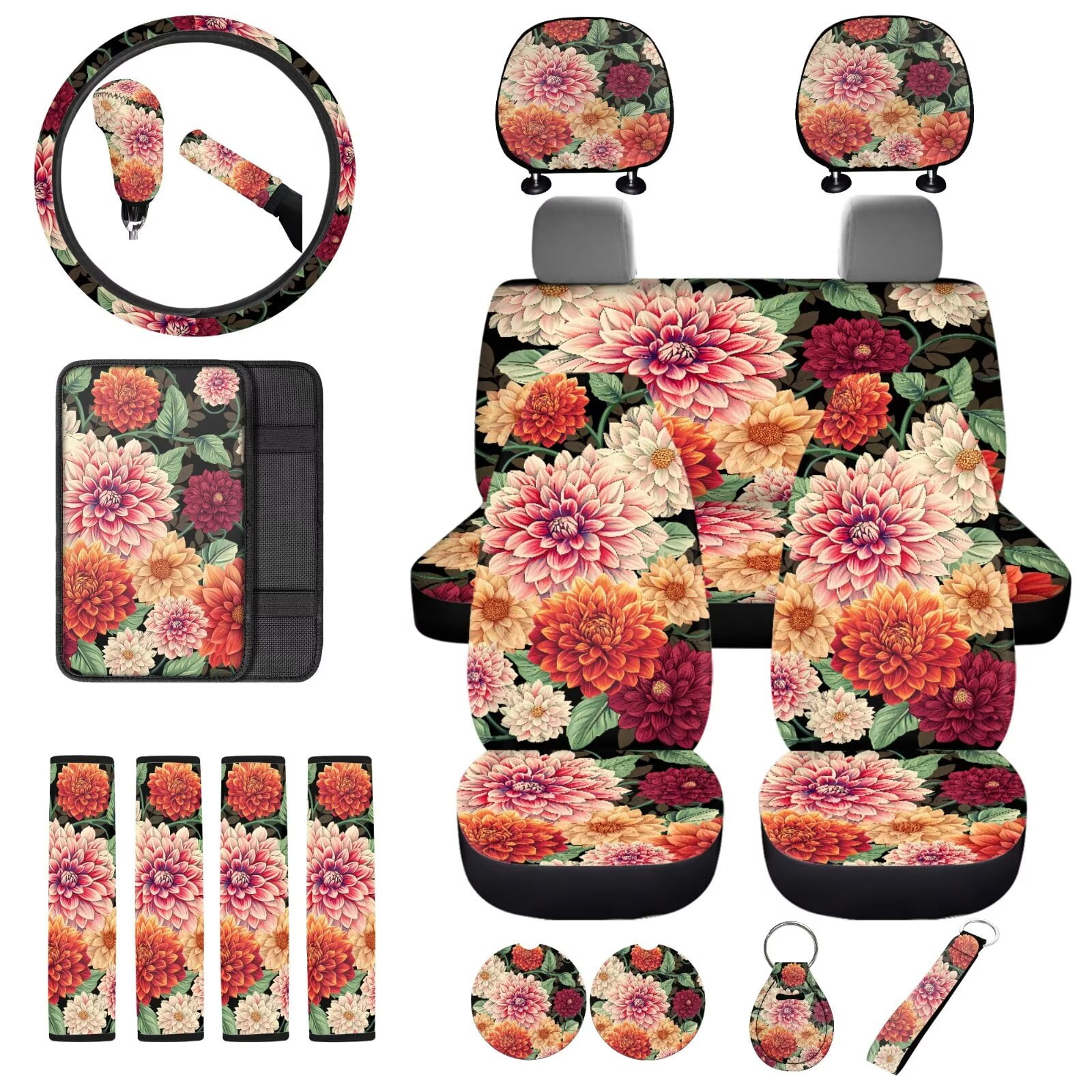 Uorisanigo Boho Flower Print 18pcs Car Seat Covers Full Set with Shoulder Strap Protector Center Console Cover Steering Cover Headrest Shift Knob Handbrake Covers Cup Holder Coasters Keychain