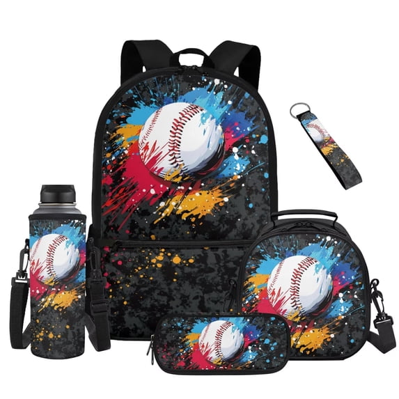 Uorisanigo Boy Backpack Kids School Backpack Set Baseball Colorful Book Bag Daypack with Lunchbox Pen Case Water Bottle Bag Keychain 5 Pieces Set for Primary Middle Student Ligthweight