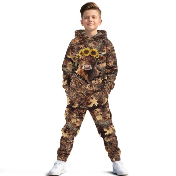 Uorisanigo Boy Girl Hoodie Sweatsuit Fall Warm Long Sleeve Camo Forest Highland Cow Hoodies Sweatshirt and Jogger Pants, Soft Loose Hoodie & Sweatpants Outfit Pack of 2