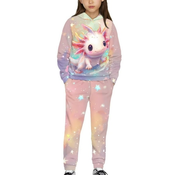 Uorisanigo Boy Girl Hoodie Sweatsuit Fall Winter Long Sleeve Star Axolotl Sweatshirts & Sweatpants Set, Cozy Loose Outfit Clothes Tops and Pants Outfits Pack of 2