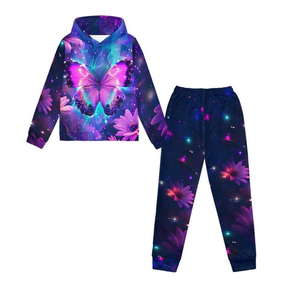 Uorisanigo Boy Girl Hoodie Sweatsuit Fall Winter Purple Butterfly Long Sleeve Outfit Clothes Tops and Pants Set, Soft Pullover Sweatshirt and Sweatpants Set Pack of 2