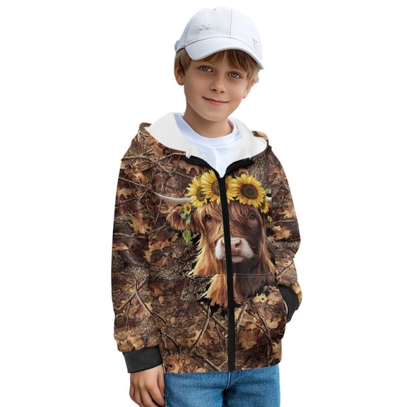 Uorisanigo Boy's Girls Zip Up Sweatshirt Fur Furry Fluffy Camo Highland Cow Hunting Pullover Top Fashion Plush Outerwear Unisex Long Sleeve Hooded Sweatshirts