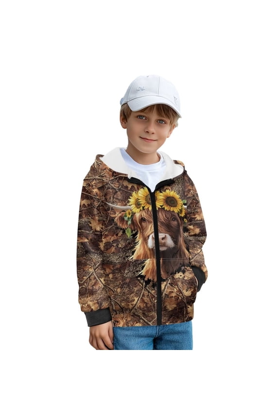 Boy's Girls Zip Up Sweatshirt Fur Furry Fluffy Camo Highland Cow Hunting Pullover Top Fashion Plush Outerwear Unisex Long Sleeve Hooded Sweatshirts