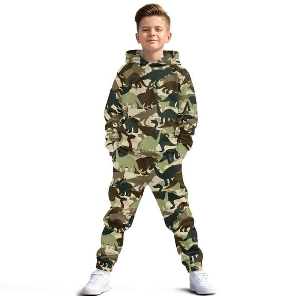 Uorisanigo Boys Girls Fashion Clothes 2pcs Camouflage Dinosaur Green Long Sleeve Pullover Hoodie Sweatshirt and Sweatpants with Pockets Fall Winter Pant Outfits Set