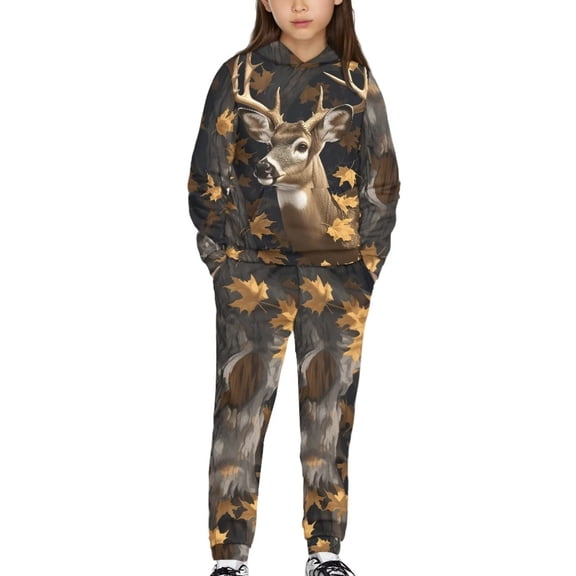 Uorisanigo Boys Girls Fashion Clothes 2pcs Long Sleeve Hoodie Sweatshirt and Cargo Jogger Pants with Pockets Fall Winter Deer Hunting Camouflage Forest Sweatpants Outfits Set