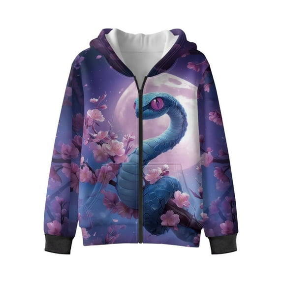 Uorisanigo Boys and Girls Hoodie Sweatshirt Casual Full Zip Pink Cherry Blossom Snake Hoodies Long Sleeve Hooded Sweatshirt with Pockets Athletic Tops Outerwear
