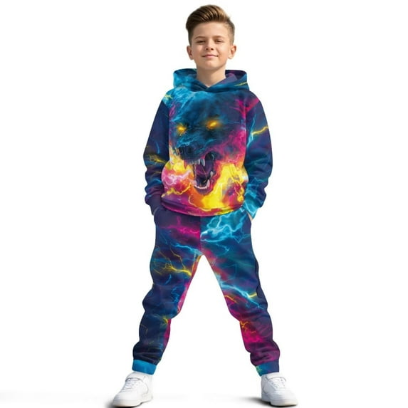 Uorisanigo Boys Girls Sweatsuit Set - 2 Piece Hooded Lightning Wolf Pullover Oversized Hoodie Sweatshirt + Cargo Jogger Pants Kids Youth Activewear Set Fall Winter Outfits