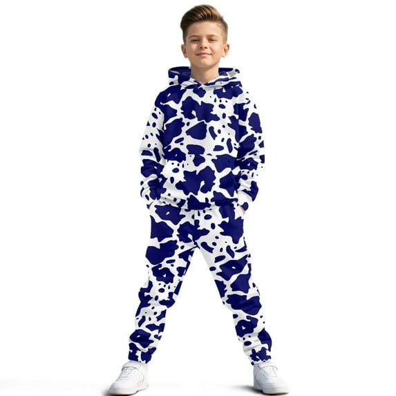 Uorisanigo Boys Girls Sweatsuit Set - 2 Piece Hooded Pullover Oversized Blue Cow Print Hoodie Sweatshirt + Cargo Jogger Pants Kids Youth Activewear Set Fall Winter Outfits