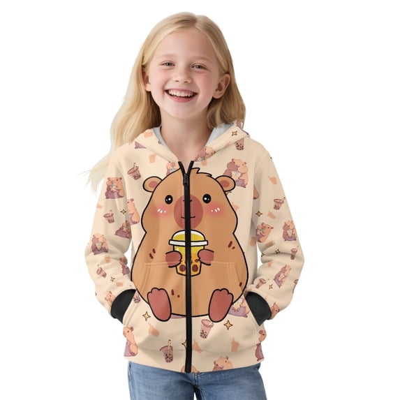 Uorisanigo Boys & Girls Zip Up Hoodie Kids Sweatshirt Jacket with Pockets Lightweight Fluffy Furry Milk Tea Capybara Outerwear Long Sleeve Hooded Hoodies Fall Winter Clothing