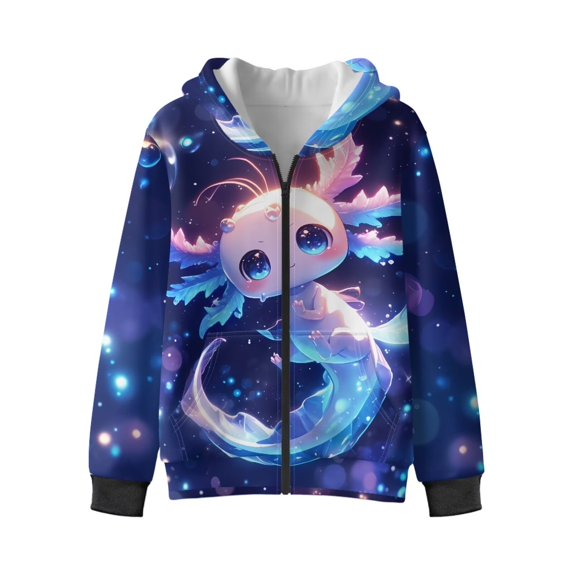 Uorisanigo Boys Girls Zip Up Hoodie Sweatshirt with Pockets Fashion Boys Girls School Velvet Lined Long Sleeve Hoodies Galaxy Axolotl Sweater Fall Winter Clothes