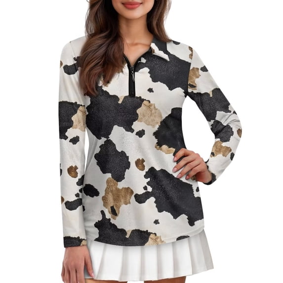 Uorisanigo Brown Cow Pattern Long Sleeve Golf Polo Shirts for Women Fashion Casual Women's Dry-Fit Golf Polo Shirts with 1/4 Zipper for Tennis Hiking & Outdoor Sports