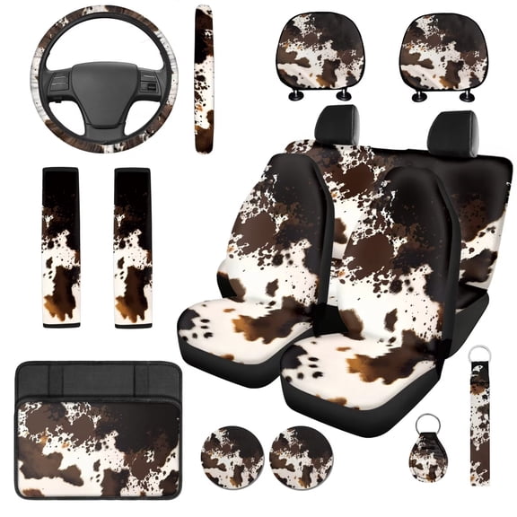 Uorisanigo Brown Cow Print Car Seat Covers Set 14 Pcs with Steering Wheel Cover Seat Belt Cover Center Console Cover Head Rest Protector Fit Most Car, Truck, Suv, or Van