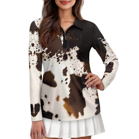 Uorisanigo Brown Cow Print Womens Long Sleeve Golf Shirt Size M Fashion Quarter Zip Quick Dry Athletic Polo Shirts for Tennis Hiking & Outdoor Sports