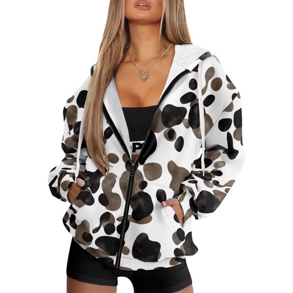 Uorisanigo Brown Cow Print Womens Zip Up Hoodies Slight Stretch Soft Hoodies for Women Oversized Sweatshirts Size XS Drop Shoulder Casual Fall Fashion Sweatshirt