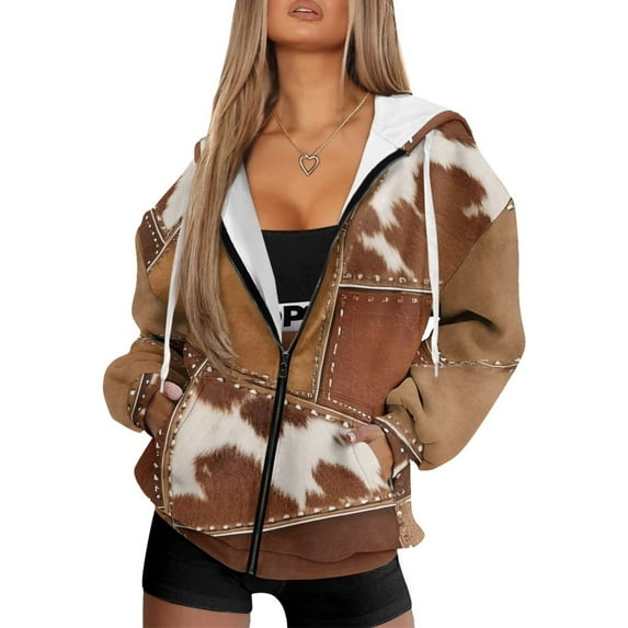 Uorisanigo Brown Cow Print Zip Up Hoodies for Women Size 4XL Pocket Lightweight Oversized Sweatshirt for Women Loose Warm Fall Fashion Outfits Long Sleeve Hoodie Oversized Sweatshirt