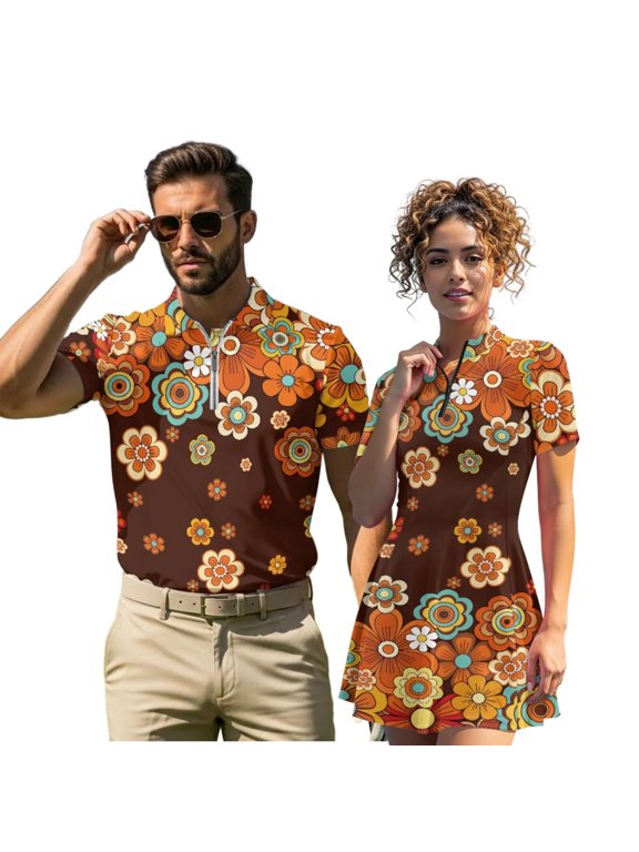 Brown Floral Couple Matching Outfit Men Zipper Shirt Size XL Short Sleeve Quick Dry Casual Collared Athletic Tennis Wear and Womens Golf Dress with Shorts Pockets Shorts