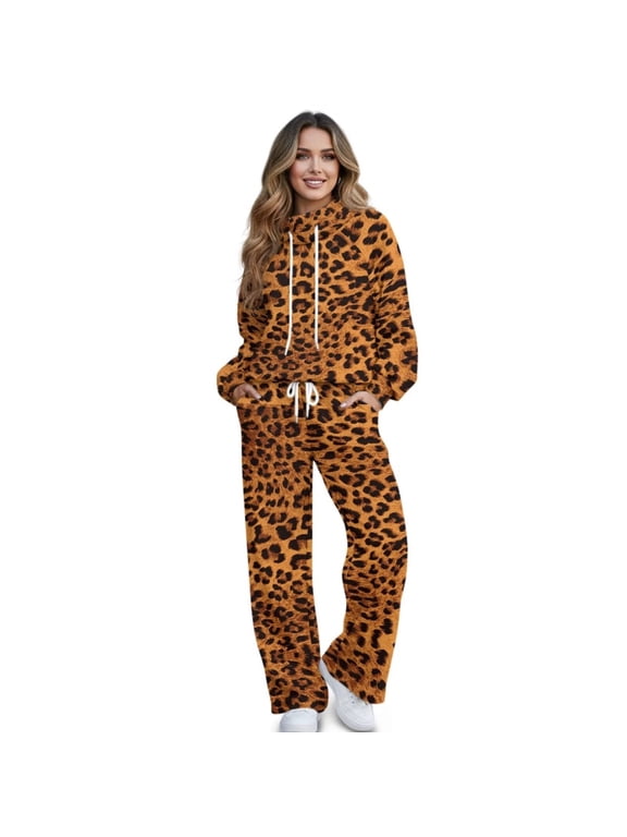 Brown Leopard Mock Neck Sweatshirt with Wide Leg Sweatpants Matching Set Lounge Sets for Women Tracksuit 2 Piece Fall Outfits Drawstring Activewear Oversized Jogging Suit