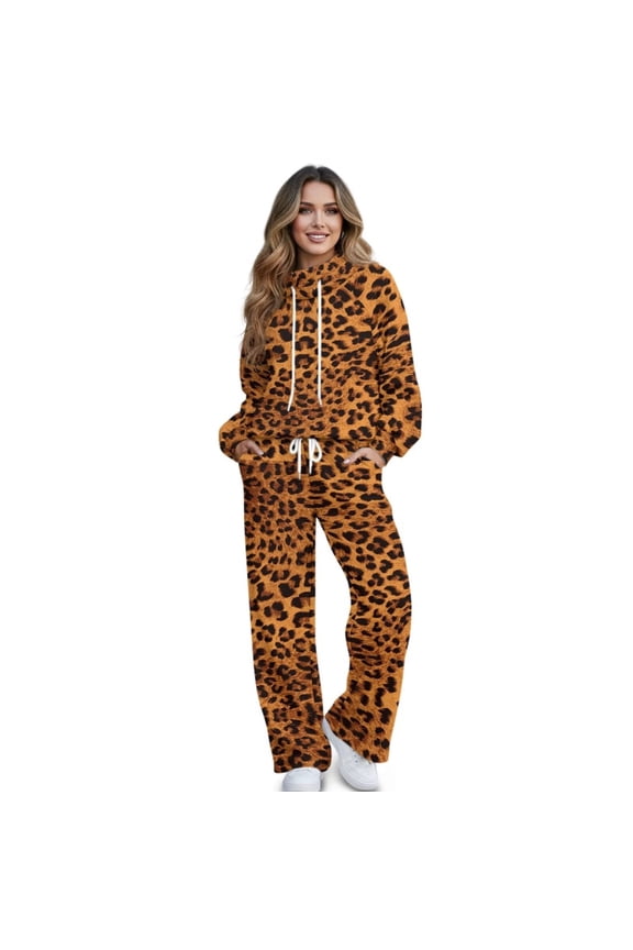 Brown Leopard Mock Neck Sweatshirt with Wide Leg Sweatpants Matching Set Lounge Sets for Women Tracksuit 2 Piece Fall Outfits Drawstring Activewear Oversized Jogging Suit