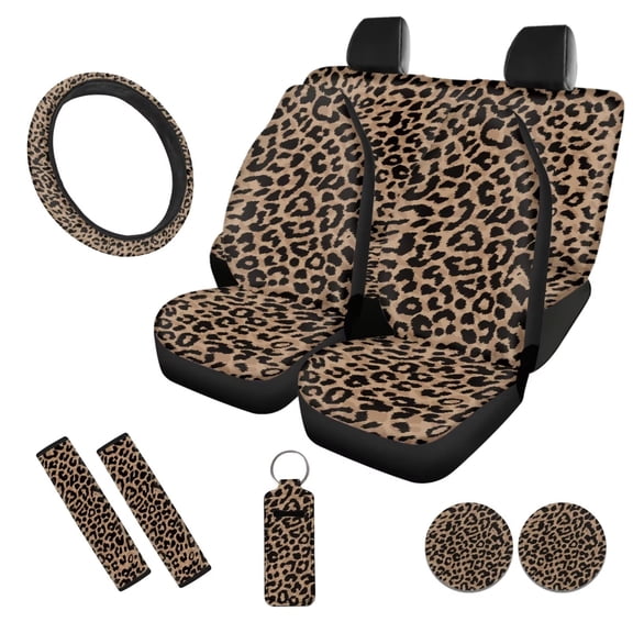 Uorisanigo Brown Leopard Print 10 Pcs Cars Seat Covers Sets Car Steering Wheel Cover Car Seat Belt Cover Auto Water Cup Coaster Keychains Comfortable Anti-slip Auto Interior for Cars SUVs