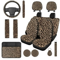 Uorisanigo Brown Leopard Print 14 Pieces Auto Seat Cover Sets Steering Wheel Cover Car Headrest Cover Center Console Cover Cars Seat Belt Pad Cover Water Cup Pad Comfortable Fit Car,Suv