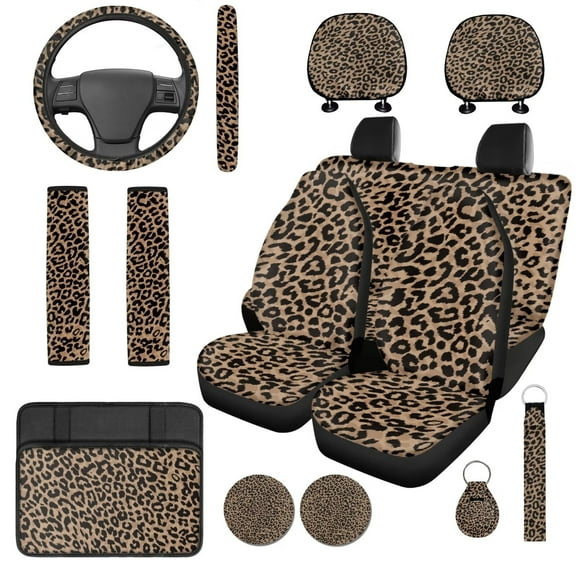 Uorisanigo Brown Leopard Print 14 Pieces Auto Seat Cover Sets Steering Wheel Cover Car Headrest Cover Center Console Cover Cars Seat Belt Pad Cover Water Cup Pad Comfortable Fit Car,Suv