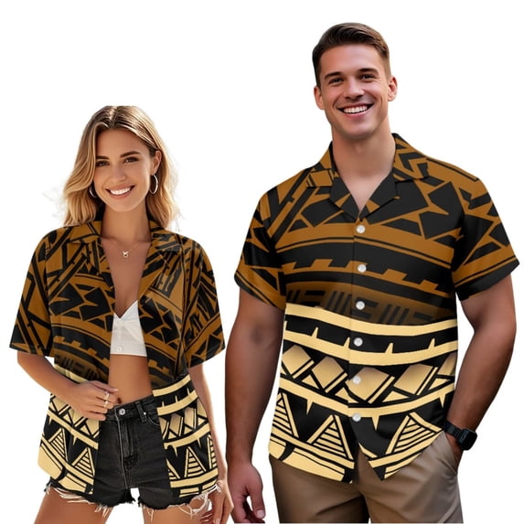 Uorisanigo Brown Polynesian Matching Couple Outfits Husban and Wife Clothing Men's Button Down Shirt Size L Summer Hawaiian Tops and Chic Women's Short Sleeve Shirts