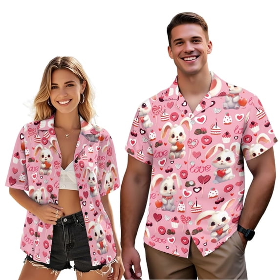 Uorisanigo Bunny Matching Couple Outfits Valentine's Day Husban and Wife Clothing Men's Button Down Soft Summer Shirt and Womens Short Sleeve Shirts Beach Party Blouse Tops Size S