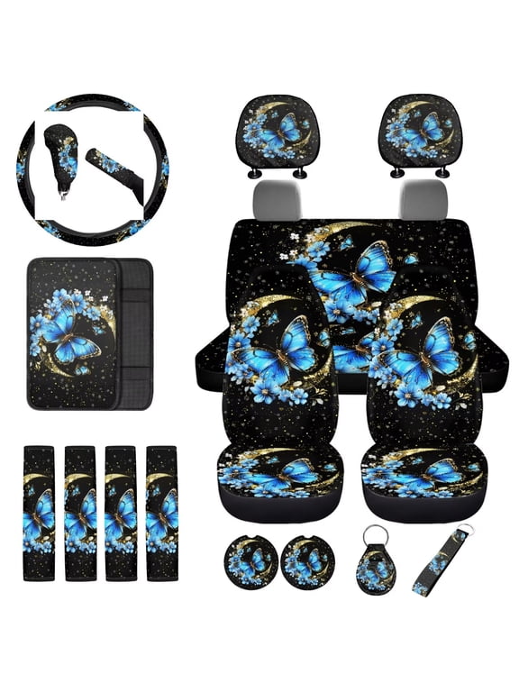 Butterfly Flower Moon Car Seat Covers Set with Steering Wheel Protector/Seat Belt Shoulder Pad/Armrest Cover/Headrest/Shift Knob & Handbrake Covers/Cup Coasters/Keychain,18 Packs