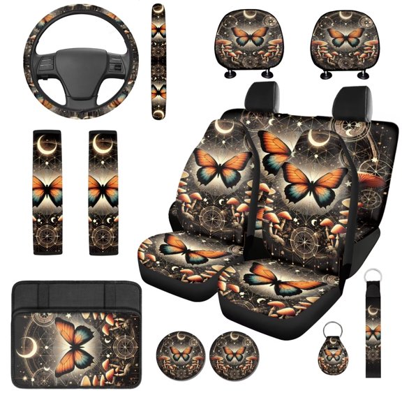 Uorisanigo Butterfly Mushroom Print 14 Pack Car Seat Covers Sets Soft Comfortable Steering Wheel Cover and Center Console Cover Car Headrest Cover Auto Seat Belt Cover Keychain Fit Car SUV