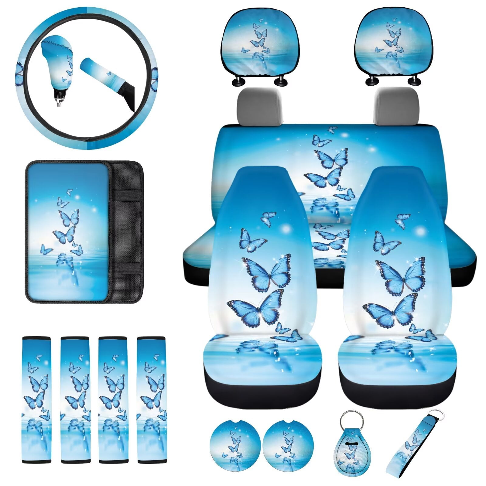 Uorisanigo Butterfly Printed 18 Packs Car Seat Cover with Seat Belt Shoulder Pad Full Set Universal Steering Wheel Protector Armrest Covers Headrest Handbrake Grip Protector Coasters Keychains
