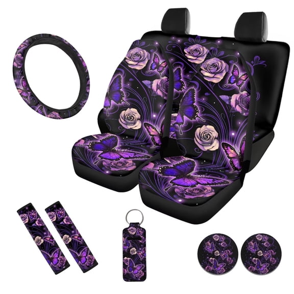Uorisanigo Butterfly Rose 10 Pack Auto Seat Cover Sets with Comfortable Decorative Car Steering Wheel Accessories Auto Water Cup Pad Cars Seat Belt Pad Cover Keychains Suitable for Car SUV