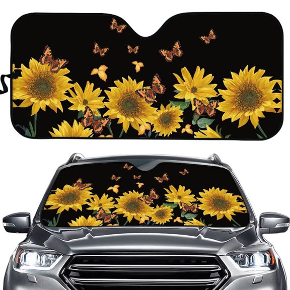 Uorisanigo Butterfly Sunflower Car Shade for Front Windows Washable Automotive Windshield Sunshades Foldable Windshield Cover Sun Shade Car Accessiores Easy to Store for Most Cars
