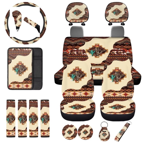 Uorisanigo Cactus Southwest Aztec 18 Pcs Car Seat Covers Full Set Includes Shoulder Strap Protector Center Console Pad Steering Wheel Covers Gear Shift Headrest Protector Cup Holder Coaster Keychain