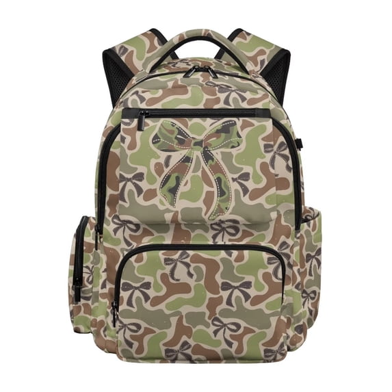 Uorisanigo Camo Bow Green Kids Backpack for School Boys 6-10, Large Capacity Casual Bookbag with Side Mesh Pockets, Great for Sports, Camping and Daily Use