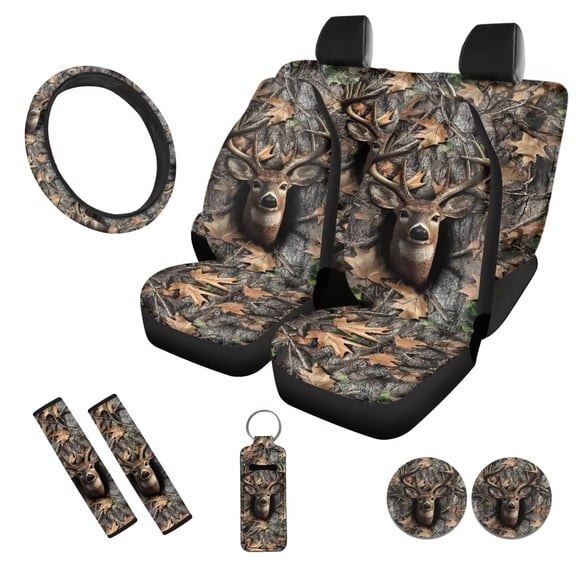 Uorisanigo Camo Hunting Deer 10 Pieces Car Seat Covers with Steering Wheel Accessories and Seat Belt Pads Auto Water Cup Coaster Keychains Comfortable All-Season Protection for Car SUV