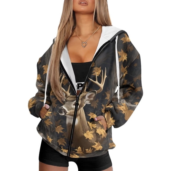 Uorisanigo Camo Hunting Deer Zip Up Hoodies for Women Long Sleeve Slight Stretch Hoodies for Women Oversized Sweatshirts Warm Comfortable Workout Winter Clothes Size XL