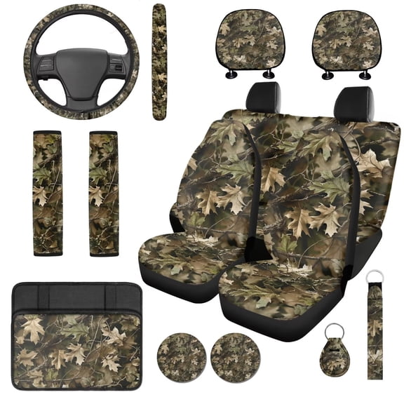 Uorisanigo Camo Hunting Forest 14 Pack Automobile Seat Cover Sets Car Steering Wheel Cover and Cars Headrest Cover Center Console Cover Water Cup Coaster Personalized Elastic for Car SUV