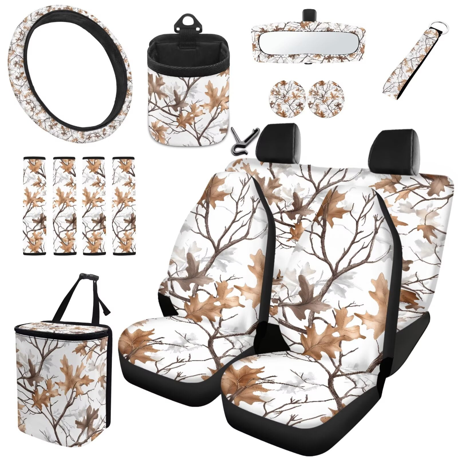 Uorisanigo Camo Hunting Forest Set of 15 Car Seat Covers Full Set with Steering Wheel Cover Seat Belt Pad Car Trash Car Hanging Air Vent Storage Box Rearview Mirror Cover Cup Coasters Keychain Decor